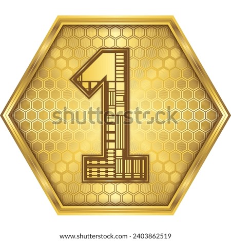 Number One (1) Arabic Numeral Letter, Engineering Cybernetic Robotic Circuit Board, Mathematic Icon Logo Button Design Golden Hexagon, White Background