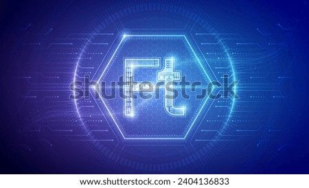 Hungary Forint (HUF), Futuristic Currency Finance Symbol, Hologram Cybernetic Neon Glow Translucent Circuit Board Digital Technology Hexagon Block Backdrop Background