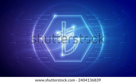 Turkey Lira (TRY), Futuristic Currency Finance Symbol, Hologram Cybernetic Neon Glow Translucent Circuit Board Digital Technology Hexagon Block Backdrop Background