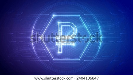 Russia Ruble (RUR), Futuristic Currency Finance Symbol, Hologram Cybernetic Neon Glow Translucent Circuit Board Digital Technology Hexagon Block Backdrop Background