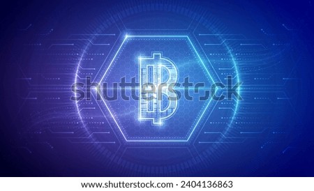 Thailand Baht (THB), Futuristic Currency Finance Symbol, Hologram Cybernetic Neon Glow Translucent Circuit Board Digital Technology Hexagon Block Backdrop Background