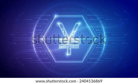 Japan Yen (JPY), China Yuan Renminbi (CNY), Futuristic Currency Finance Symbol, Hologram Cybernetic Neon Glow Translucent Circuit Board Digital Technology Hexagon Block Backdrop Background