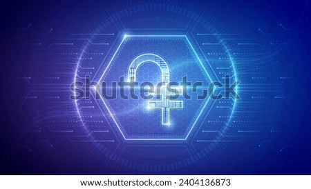 Armenia Dram (AMD), Futuristic Currency Finance Symbol, Hologram Cybernetic Neon Glow Translucent Circuit Board Digital Technology Hexagon Block Backdrop Background