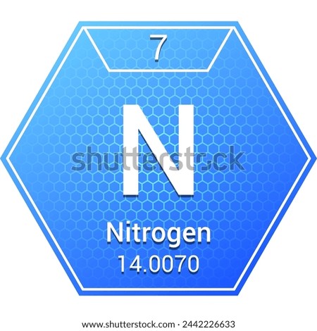 Nitrogen (N) (007) Nonmetal - Fundamental Chemical Element, Periodic Table in Chemistry Symbol, Name, Atomic Mass, Number, Chemistry Hexagon Logo Icon Design, White Background