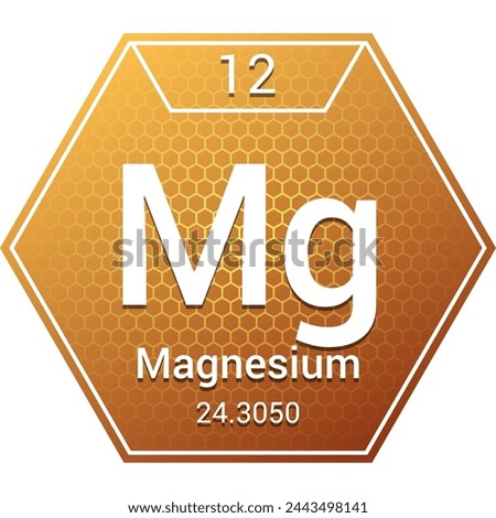 Magnesium (Mg) (012) Alkaline Earth Metal - Fundamental Chemical Element, Periodic Table in Chemistry Symbol, Name, Atomic Mass, Number, Chemistry Hexagon Logo Icon Design, White Background