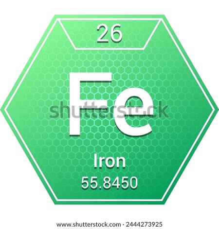 Iron (Fe) (026) Transition Metal - Fundamental Chemical Element, Periodic Table in Chemistry Symbol, Name, Atomic Mass, Number, Chemistry Hexagon Logo Icon Design, White Background