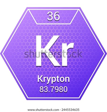 Krypton (Kr) (036) Noble Gas, Inert Gas - Fundamental Chemical Element, Periodic Table in Chemistry Symbol, Name, Atomic Mass, Number, Chemistry Hexagon Logo Icon Design, White Background