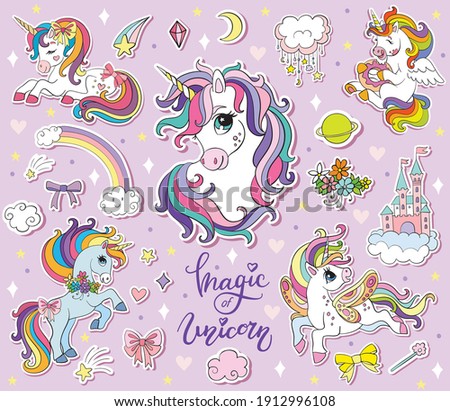 Set of cute cartoon unicorn with magic elements. Vector isolated illustration.For postcard, posters, nursery design, greeting card, stickers, room decor, nursery t-shirt, kids apparel, invitation,book