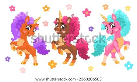 Set of three sute cartoon character unicorns with flowers. Vector illustration isolated on a white background. Happy magic unicorn. For print, design, poster, sticker, decoration,t shirt, kids clothes