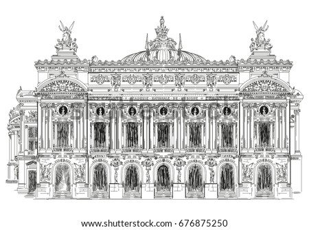 Grand opera, Opera Garnier (Landmark of Paris, France) vector isolated hand drawing illustration in black color on white background