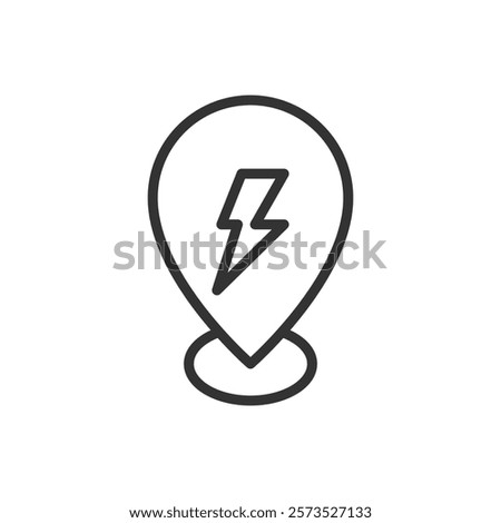 Line icon of a map pin with a lightning bolt. Vector illustration