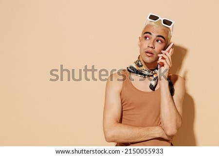 Similar – Image, Stock Photo Queer speaking on smartphone on white background