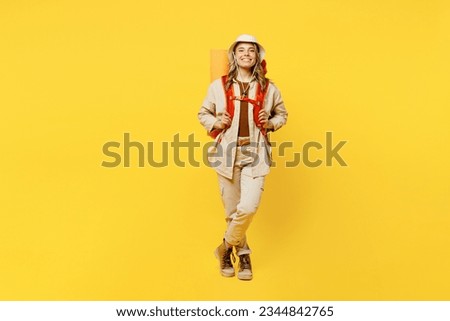 Similar – Image, Stock Photo woman with backpack traveling on a windy mountain adventure