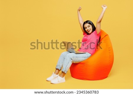 Similar – Image, Stock Photo Young female sitting on pier on nature