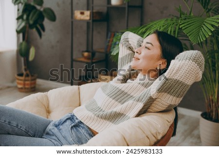 Similar – Image, Stock Photo Calm woman relaxing in the field