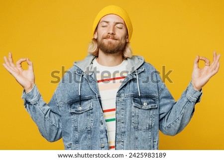 Similar – Image, Stock Photo Blond man practicing meditation at home