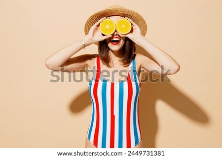 Similar – Image, Stock Photo Slim woman wearing swimming cap in pool