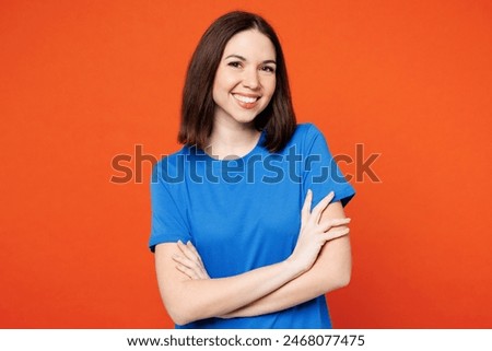 Similar – Image, Stock Photo Young happy woman in pink shirt with headphones