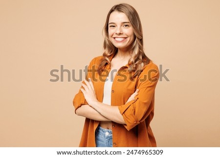 Similar – Image, Stock Photo Woman smiling to camera while holding a fresh summer drink on a garden and covering his face with the drink, summer holidays concept