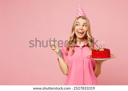 Image, Stock Photo young woman in cones of light from nocturnal street lighting lanterns