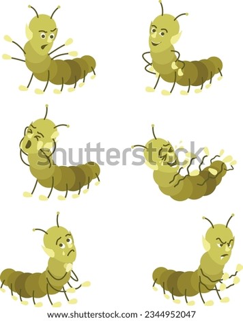 Funny cute green centipede shows different emotions. Happy, grumpy, gloomy, angry, smiling, laughing emoji. Smileys in cartoon style. Colorful illustration.