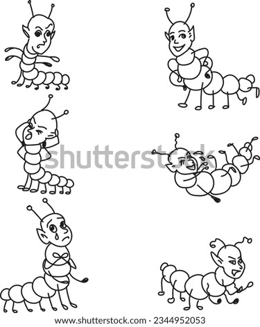 Funny cute centipede shows different emotions. Happy, grumpy, gloomy, angry, smiling, laughing emoji. Smileys in cartoon style. Monoline illustration.