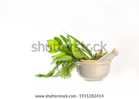 Alternative medicine herbs in ceramic mortar antioxidant  food for good health on white background. Foto stock © 
