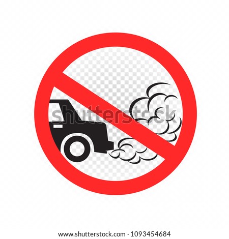 No idling turn engine off sign symbol icon on white transparent background. Forbidden exhaust round label. Smoke and smog danger. Environmental pollution