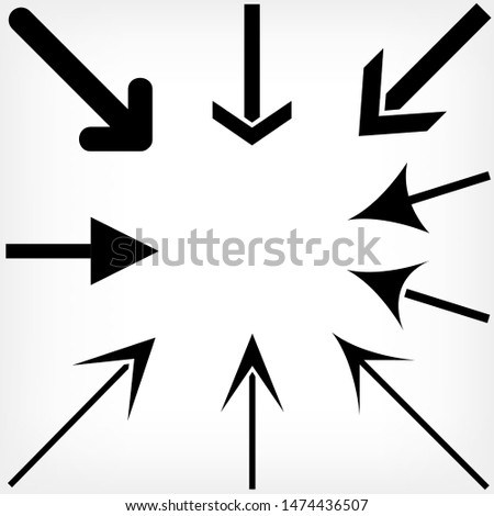 Black arrows set on white background. Different thin thick bold arrow symbol collection. Direction or navigation sign