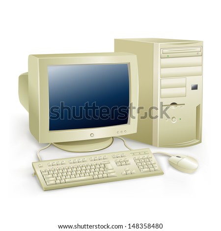 The retro desktop white computer with monitor, keyboard and mouse on the white background