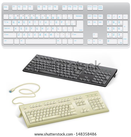 The modern black and retro white computer keyboard with buttons and alphabet on the white background