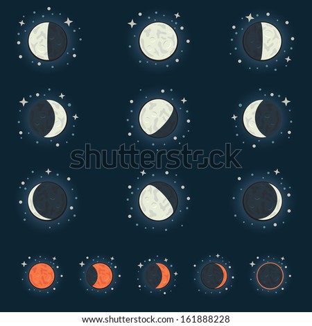 All possible phases of the moon and the lunar eclipse, on a dark star background