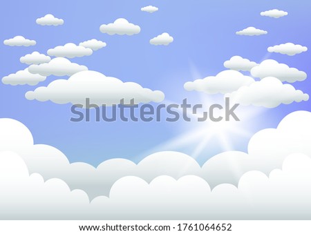 Sun behind the clouds on blue sky background. Sunlight and cloud template. Cartoon nature backdrop