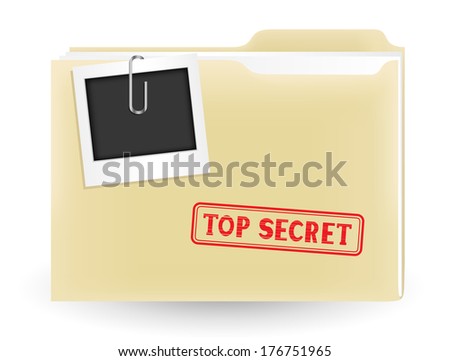 The secret files, closed yellow folder with stamp and photo on the white background