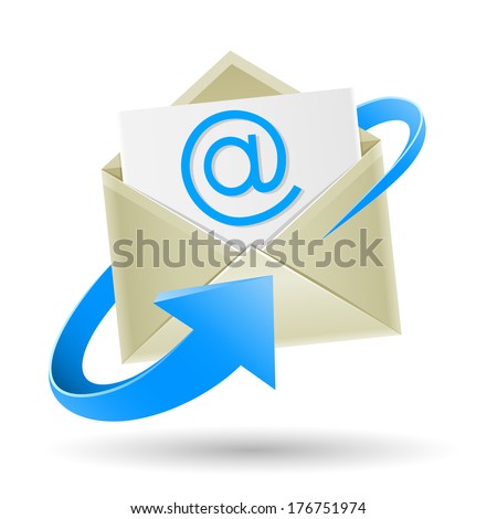 The mail, open envelope with a sheet of paper inside and e-mail symbol wrapped blue arrow isolated on the white background