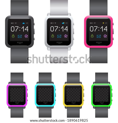 Square smart watch set on white background. Different black white color smartwatches collection. Easy to edit