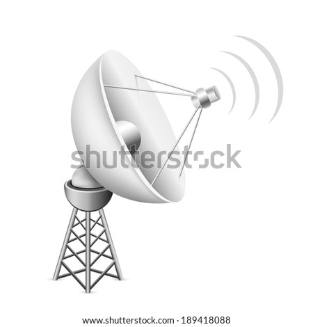 The mesh satellite antenna with construction and signal waves on the white background