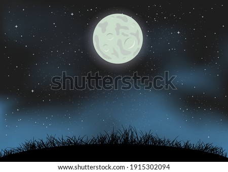 Cartoon night sky with moon and ground. Starry moonlight clouds and dark grass silhouette backdrop. Nature nightly landscape. Beautiful nature darkness meadow