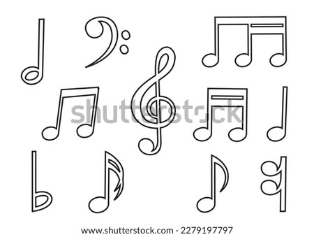 Outline design music notes sign symbol set isolated on white background. Simple melody musical note collection