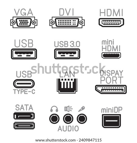 Outline hardware interface icons sign set. Collection of VGA DVI USB Display PORT SATA audio connector symbol. Computer socket data ports