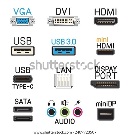 Hardware tech interface color icons sign set. Collection of VGA DVI USB Display PORT SATA audio connector symbol. Computer socket data ports