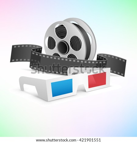 The movie cinema set. 3d glasses, clapper and film cartridge on tne colored background