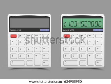 Turn on and off white calculator with shadow on gray background. Modern count tool