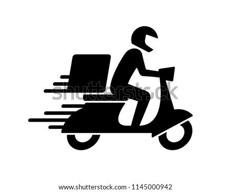 Shipping fast delivery man riding motorcycle icon symbol, Pictogram flat design for apps and websites, Track and trace processing status, Isolated on white background, Vector illustration