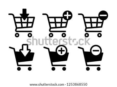 Shopping cart icons set, Supermarket trolley symbol for E-Commerce, Simple flat outline and silhouette design isolated on white background, Vector illustration