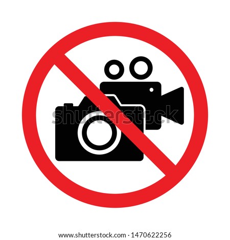 No photography camera and video record sign, Taking pictures and recording not allowed, Prohibition symbol sticker for area places, Isolated on white background, Flat design vector illustration