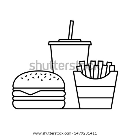 Hamburger soft drink and french fries, Fast food icon sign, Outline flat design on white background, Vector illustration
