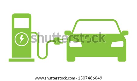 Electric car refueling icon symbol, EV car, Green hybrid vehicles charging point logotype, Eco friendly vehicle concept, Vector illustration
