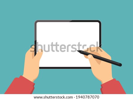 Hand holding tablet with stylus pen, Blank white screen, Technology and business and creative design concept, Flat design vector illustration