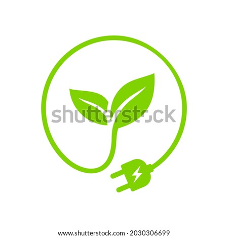 Green leaf with plug electric icon, Renewable power and clean energy, Eco friendly charging symbol, Vector illustration